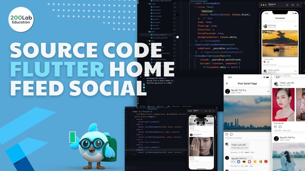 Download source code Flutter Home Feed mạng xã hội từ 200lab